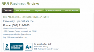 Driveway Specialists, Inc. A+ BBB Rating